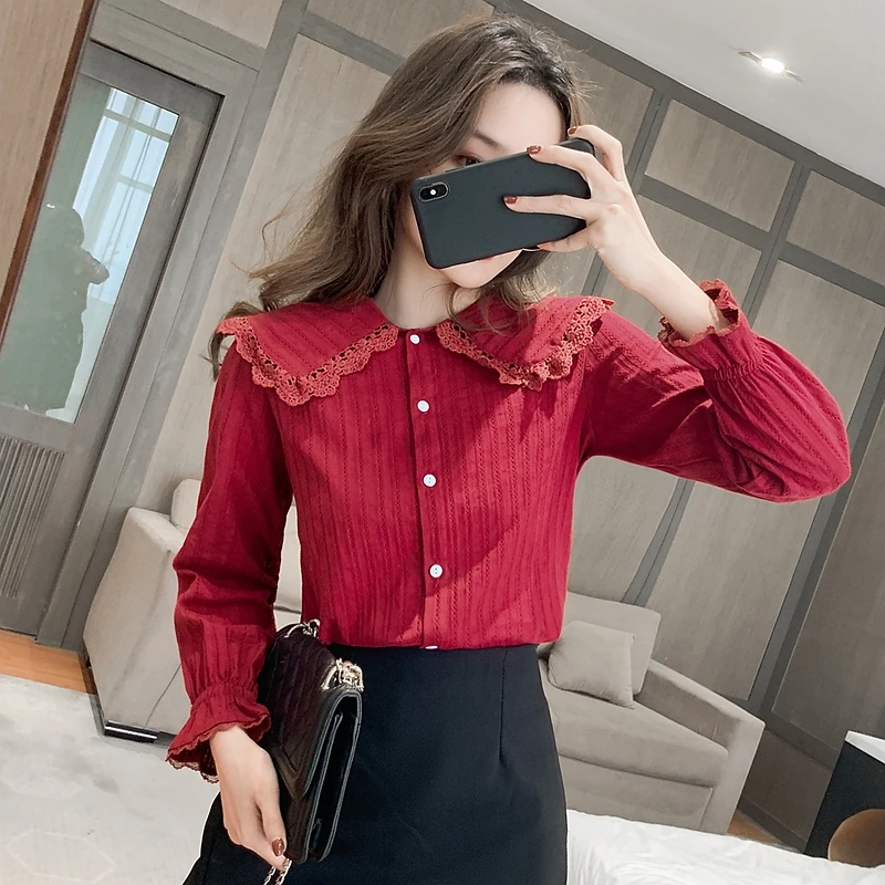 

Women's Shirt New 2021 Spring Long Sleeve Loose Chiffon Blouse Fashion Casual Peter Pan Collar Office Lady Tops