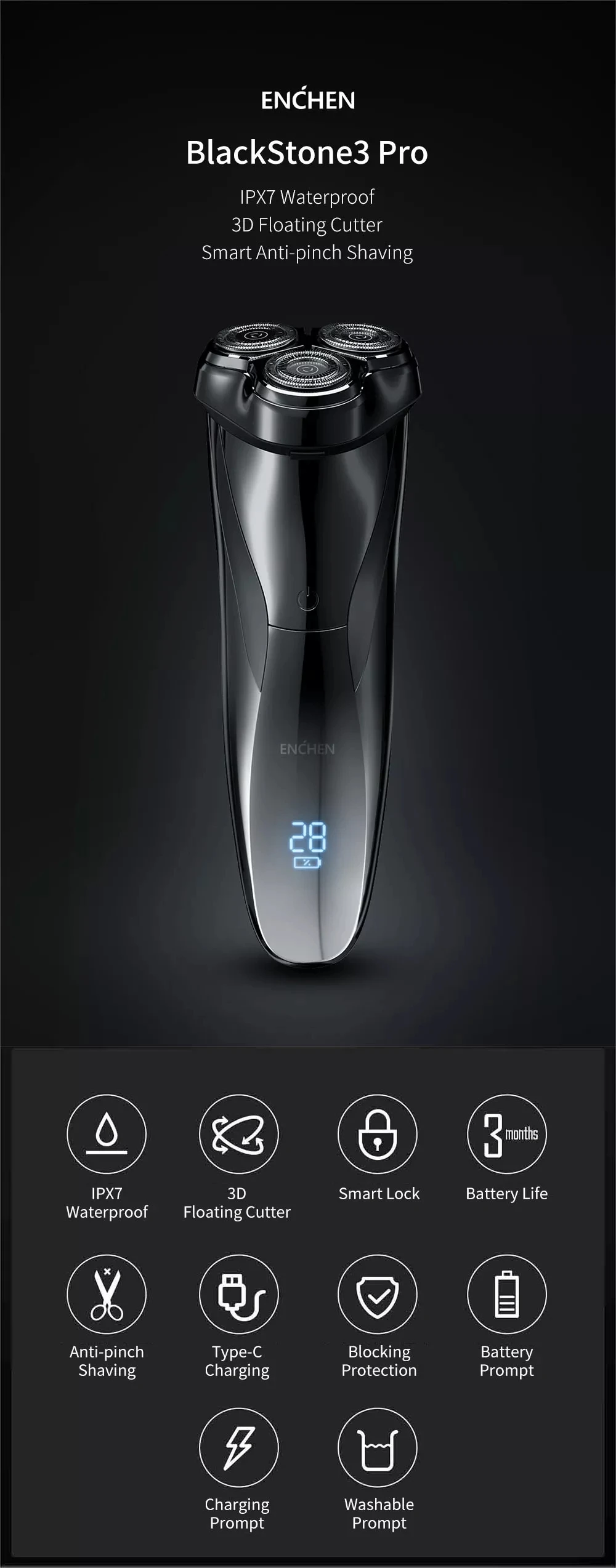 Xiaomi Enchen, черный камень, 3D электробритва, умный контроль, блокирующая защита, бритва, type-C, перезаряжаемая Мужская