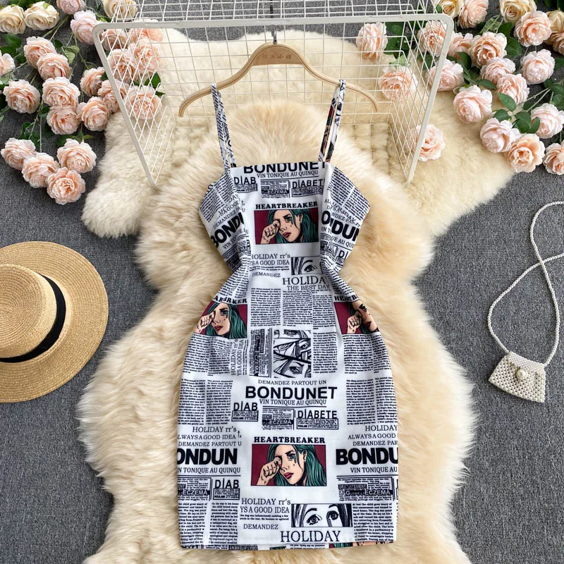 Женское платье на бретелях с принтом газет SINGREINY облегающие вечерние платья без