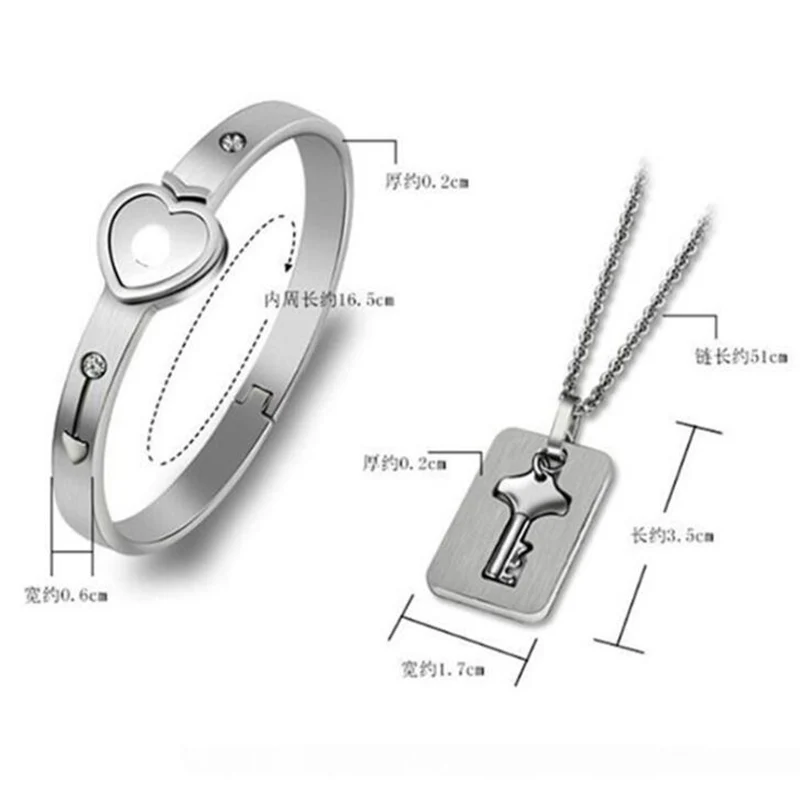 

Stainless Steel Concentric Lock Key Necklace Bracelet Jewelry Set Fashion Bracelet Necklace Couple Sets for Party Wedding Gifts