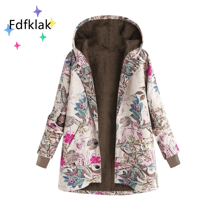 Fdfklak M-5XL New Cotton Linen Print Winter Coat Women Plus Velvet Single-Breasted Ladies Jacket Oversized Fleece Hoodie