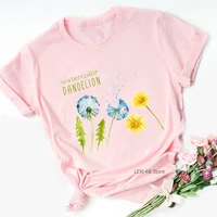 watercolor dendelion sunflower print tshirts women clothes 2021 t shirt femme summer short sleeve pink t shirt female