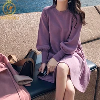 new spring korea dresses women knitting oversize autumn lantern sleeve fashion mini sweater vestidos