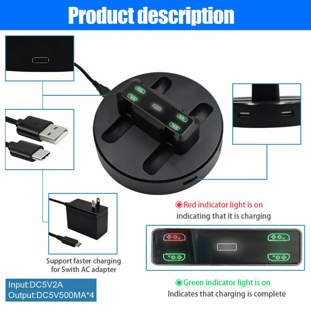 Зарядная док станция для Nintendo Switch Joycon 2 USB порта индикаторы игрового контроллера