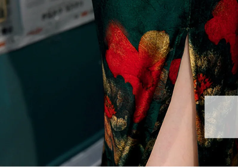 L-5XL, женские осенние велюровые платья Cheongsam, плюс размер, бархатное позолоченное традиционное китайское платье, Зеленое Длинное Qipao