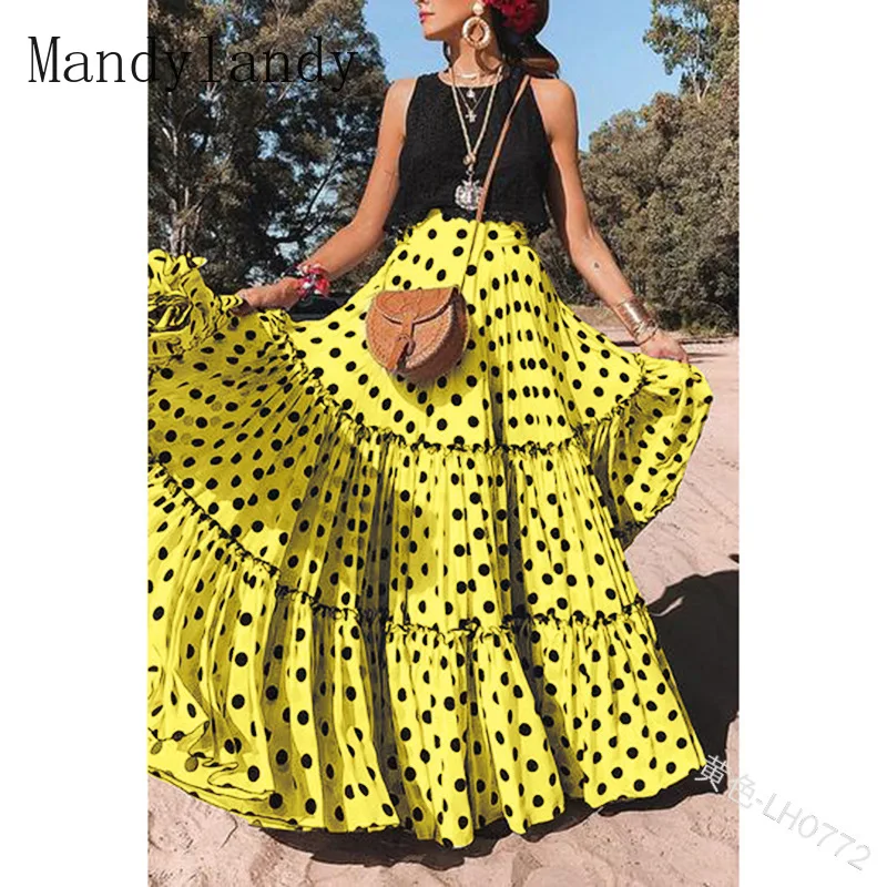 

Mandylandy Skirt Summer Fashion High Waist Pleated Loose Skirt Women's Casual Dotted Prints Ruffles Stitching Skirt