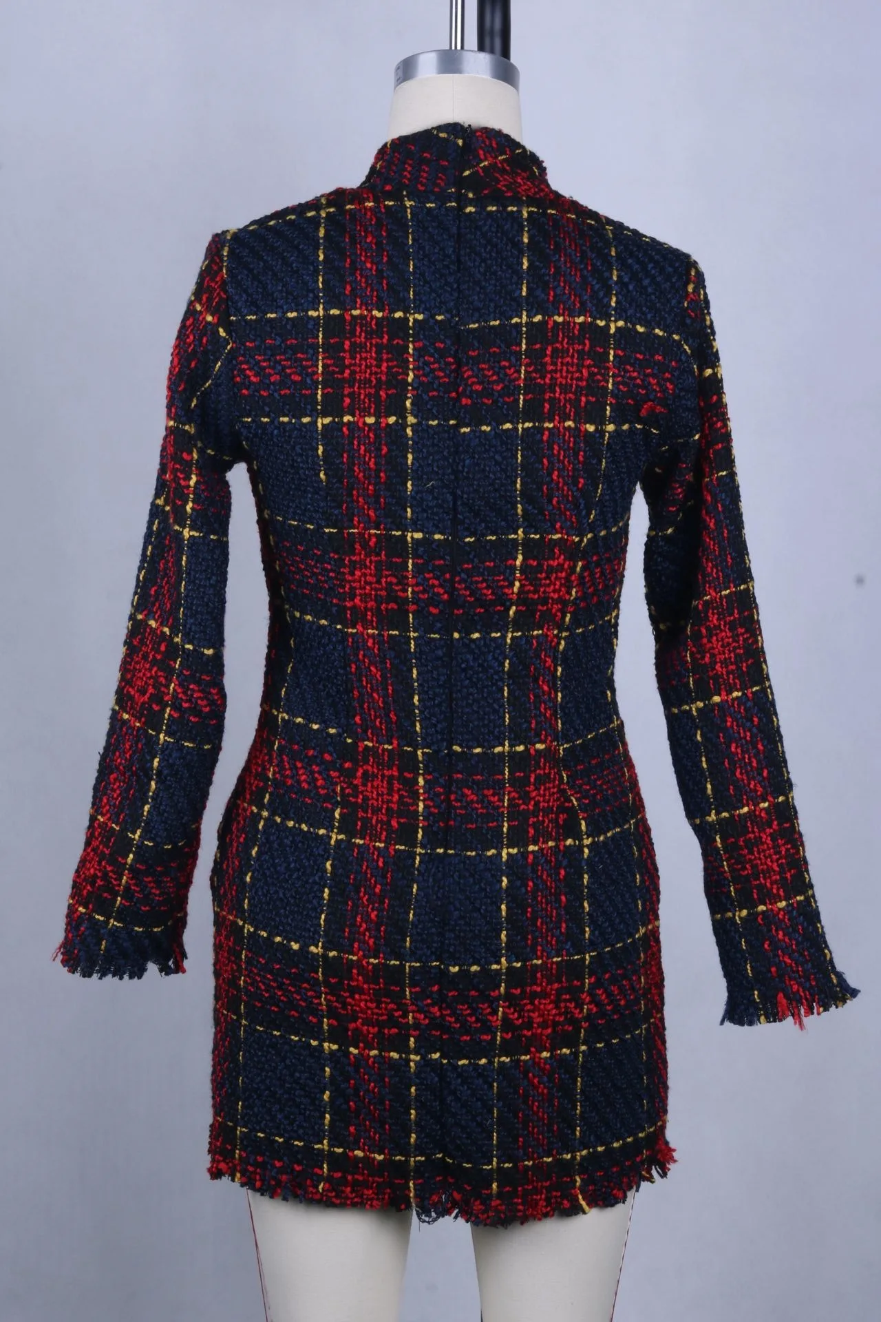 

Red Plaid Vintage Dress Streetwear Ruffles Elegant Spaghetti Strap Party Dress Long Sleeve Mandarin Collar Above Knee, Mini