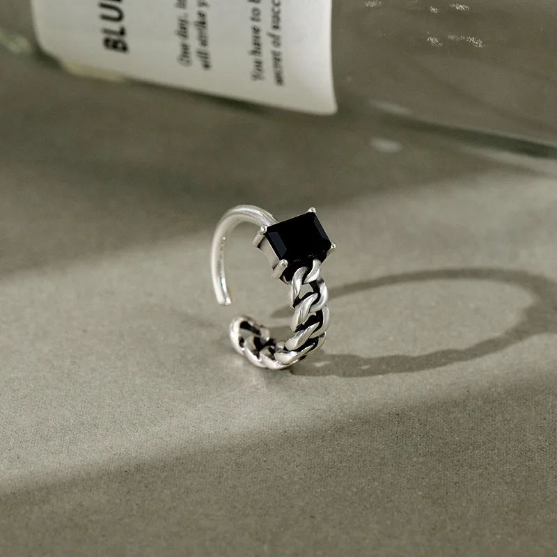 

RAINBOW HOOP 2021 New Black Square Zircon Women Rings 925 Sterling Silver Asymmetric Vintage Open Adjustable Ring Fine Jewelry