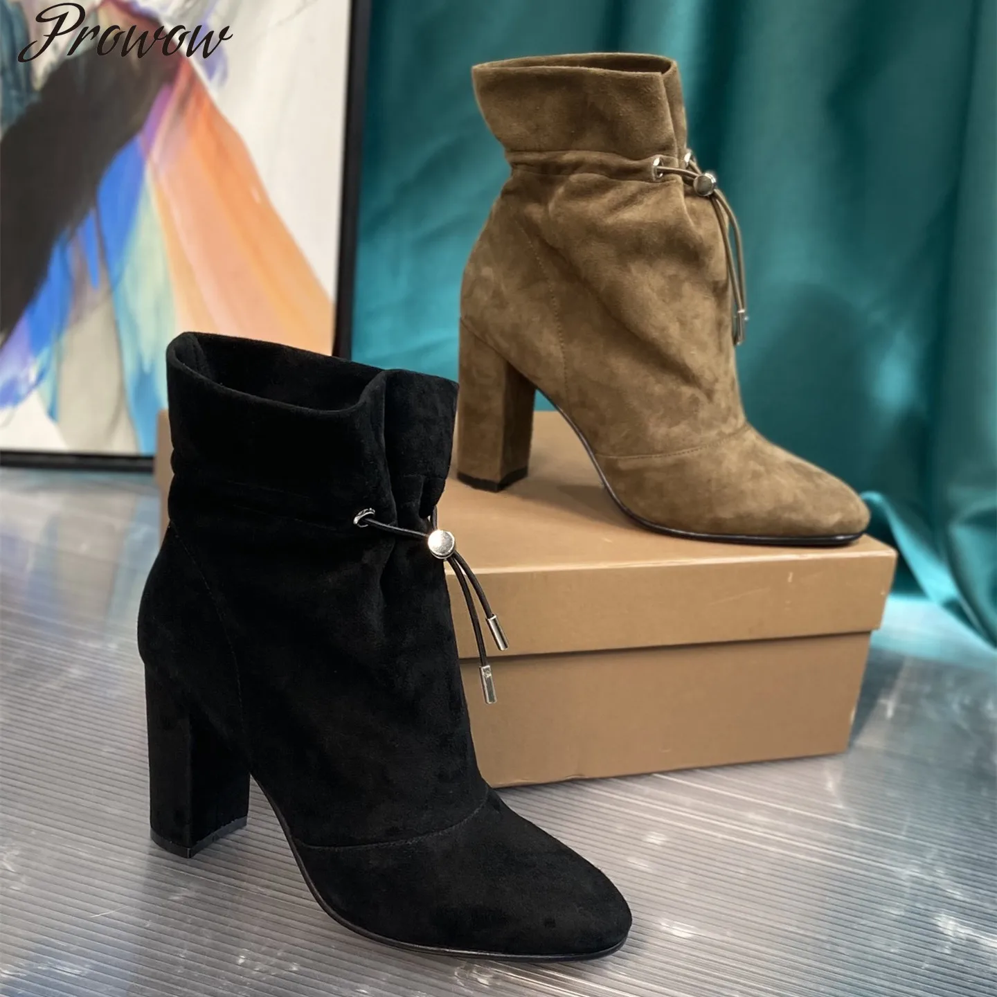 

Prowow Women Cow Suede Round-Toes Stretch Fabric Slip On Chunky Heels Elastic Band Pleated Solid Ankle Boots