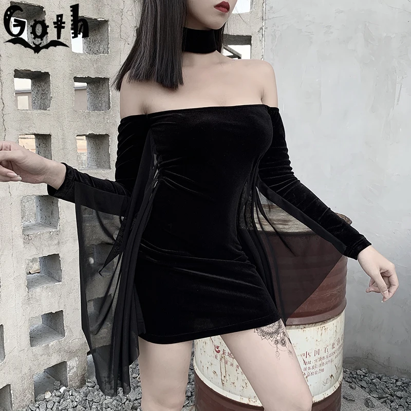 Женское мини-платье с открытыми плечами Goth черное винтажное облегающее платье
