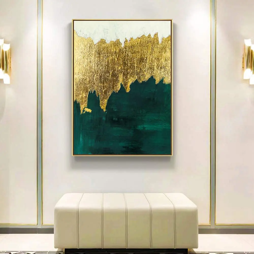 

Hand Painted Oil Painting On Canvas Golden Foil Green Pattern Abstract Design For Home Corridor Bedroom Living Room No Frame