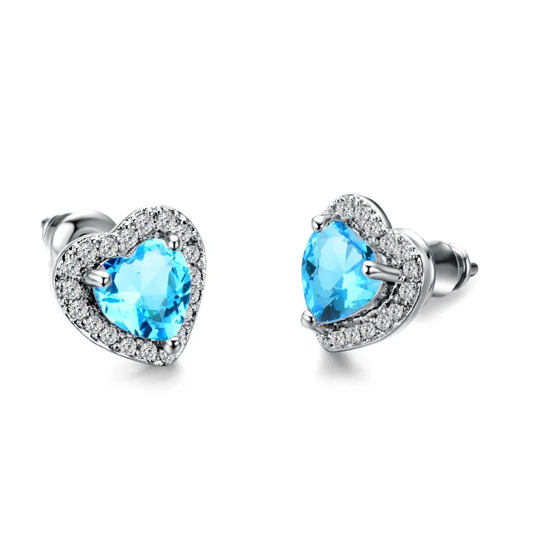 Aquamarine Роскошные женские черные/зеленые/красные/белые серьги-гвоздики Мода 925 серебряные маленькие серьги в форме сердца для женщин винтажные Свадебные украшения - Окраска металла: Aquamarine