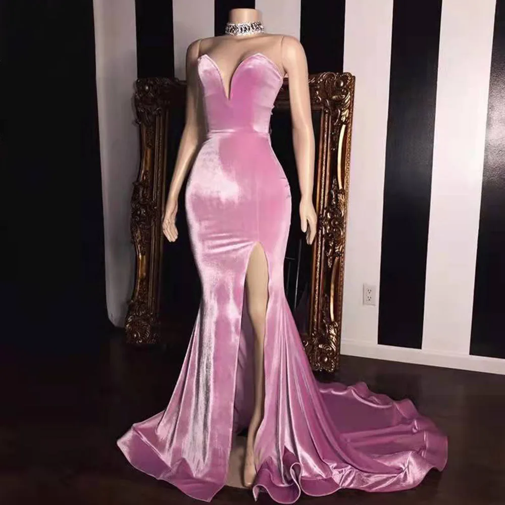 

Женское вечернее платье с юбкой годе, розовое бархатное платье без рукавов, без бретелек, с высоким разрезом и шлейфом, индивидуальный пошив