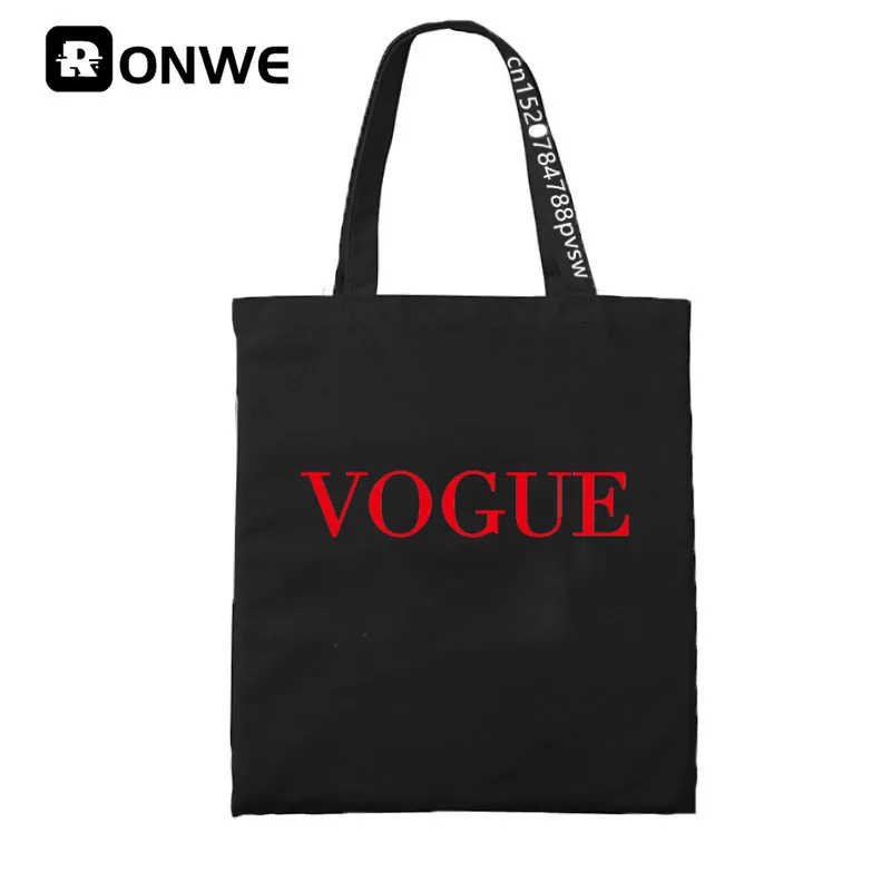 

Fashion Vogue Shopping Canvas Black Bag Female Girl Tote Eco 90s Style Shopper Shoulder Bags,Drop Ship