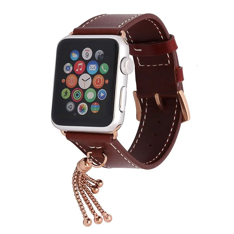 Ремешок для часов из натуральной кожи с адаптером для Apple Watch, 44 мм, 42 мм, серия 5, 4, 3, 2, 38 мм, ремешок с небольшими украшениями