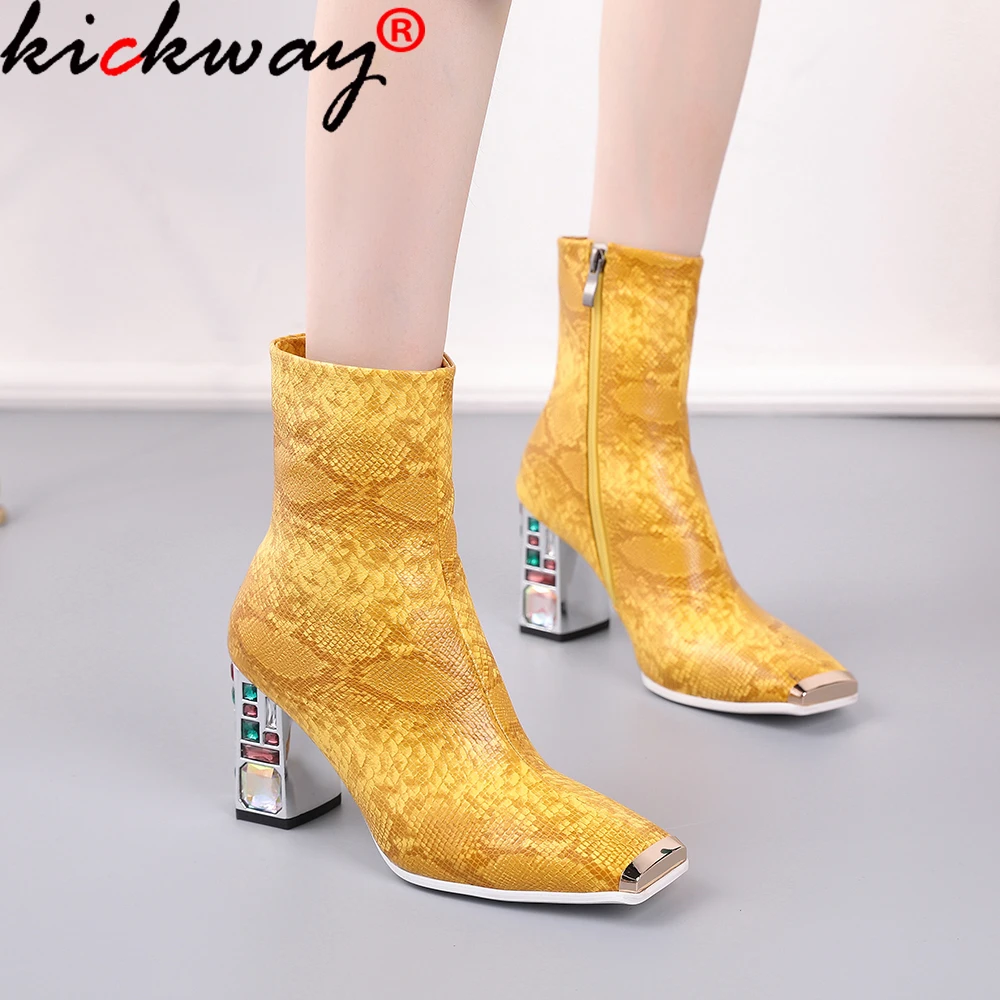 

Kickway Elegant Women Ankle Boots Crystal High Heels Sock Boots Square Toe Chunky Heels Zipper Boots Lady Autumn Party Shoes 48