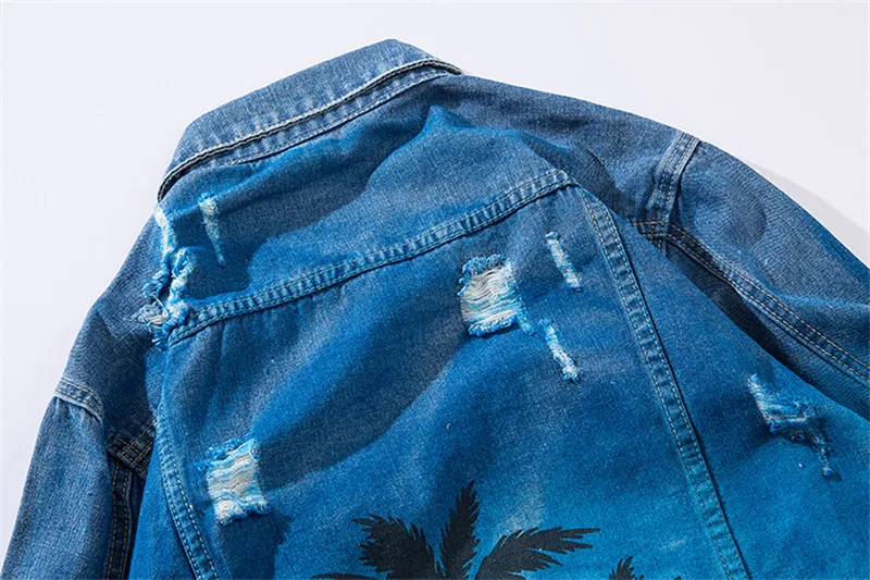 

Denim Jeans Men Streetwear Coconut Palm Printed Tie Dyed Holes Ripped Vintage Hip Hop Motorcycle Cowboy Casual Jacket
