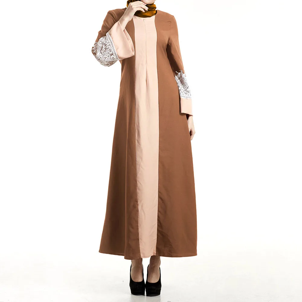 

Muslim Ladies Dresses Spring Autumn Fashion Temperament Elegant Loose Casual Lace Splicing Flared Sleeves Round Neck