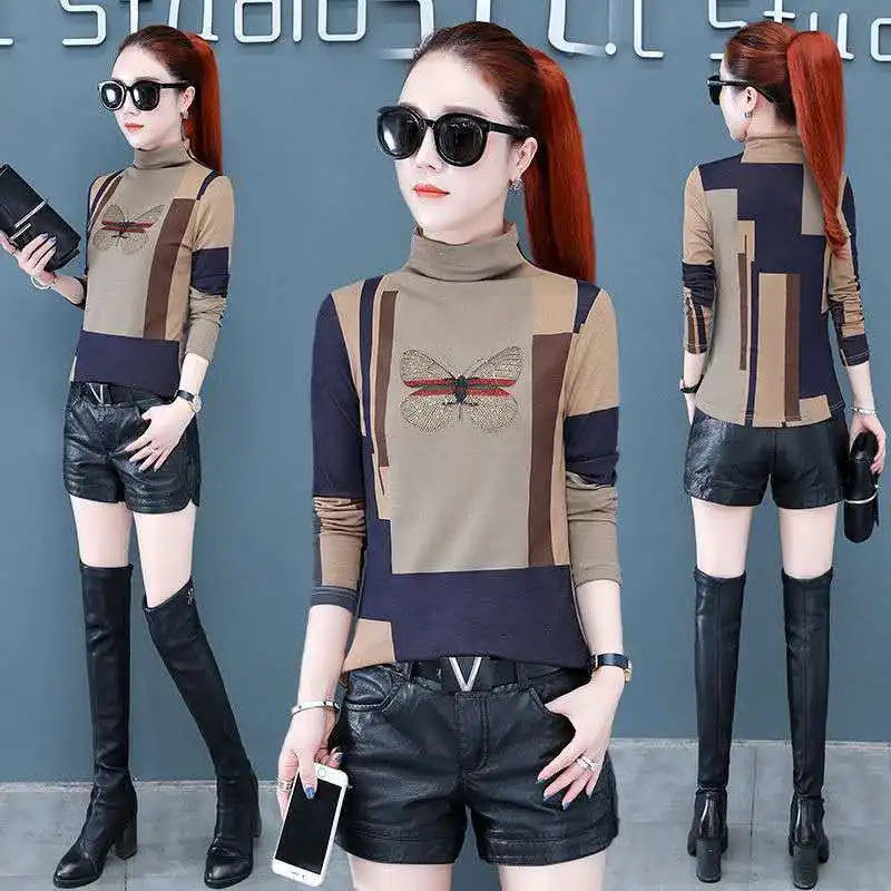 

Plush bottom coat women's new autumn and winter 2020 semi high collar T-shirt women's foreign style with long sleeve shirt