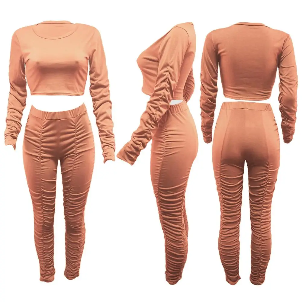 

Autumn 2020 new fashion solid color sports two piece suit slim o-neck long sleeve shirt and trousers women's suit