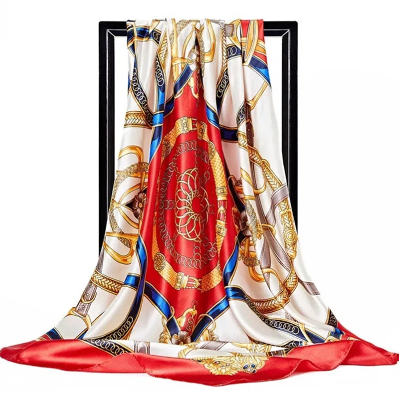 

2021 Luxury Fashion Silk Scarves Satin Neck Scarf Women Print Hijab Scarfs Female 90X90CM Square Shawls Wraps Scarves For Lady
