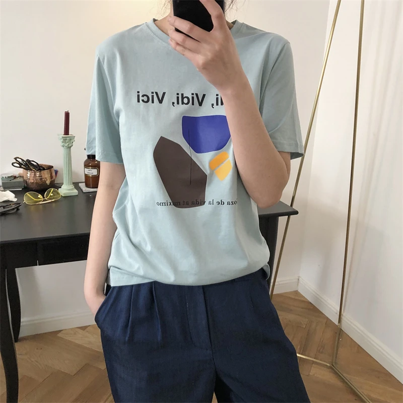 

2021 New Summer High Quality Women T-shirt Round Neck Loose Fashion Ladies Tee Print Casual Elegant Female Tops T241