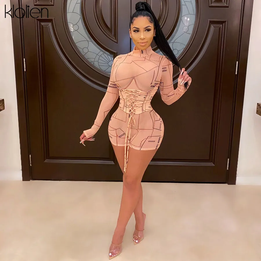 

KLALIEN Fashion Sexy Letter See Through Mesh Playsuit Women Long Sleeve Turtleneck Slim Elastic Casual Streetwear Female Romple