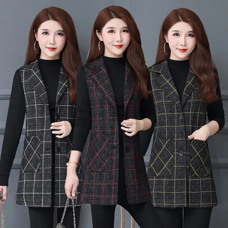 

2020 New Elegant Middle Age Women Fashion Vest Female Casual Slim Blazer Sleeveless Lady Plaid Outwear Mid-long Waistcoat M118