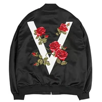 womens jacket high quality rose embroidered satin jacket street style zipper loose coat print bomber jacket women inverno 2020