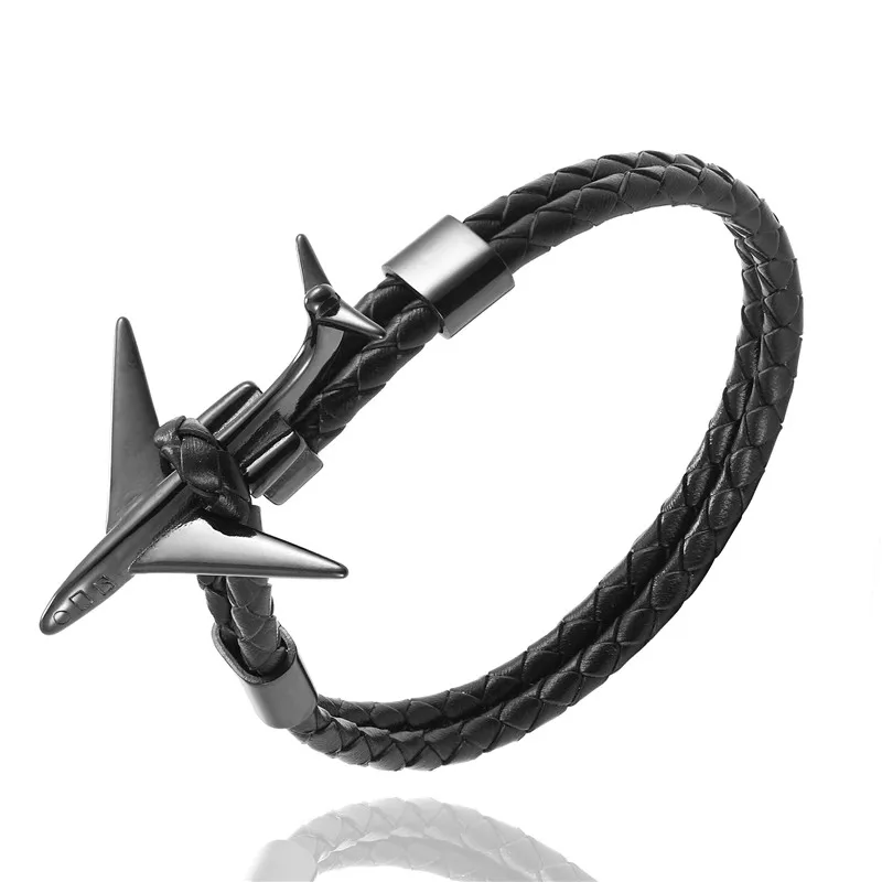 Black MKENDN, модный ретро кожаный браслет, нержавеющая сталь, самолет, якорь, браслеты для мужчин и женщин, Летний стиль, обёрточная бумага, металлический спортивный крючок - Metal Color: Black