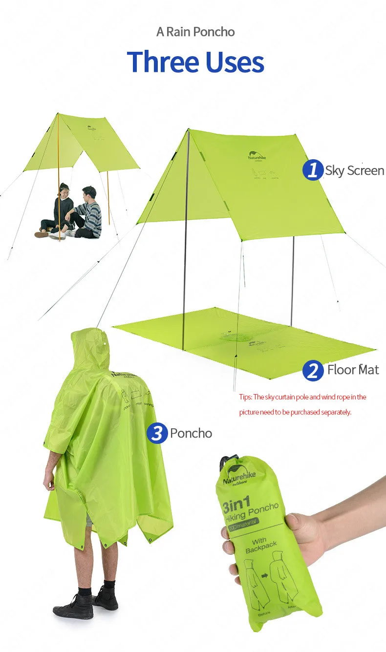Naturehike Открытый дождевик 3 в 1 Многофункциональный дождевик непромокаемый портативный используется для коврики Палатка Туризм путешествия Кемпинг Рыбалка