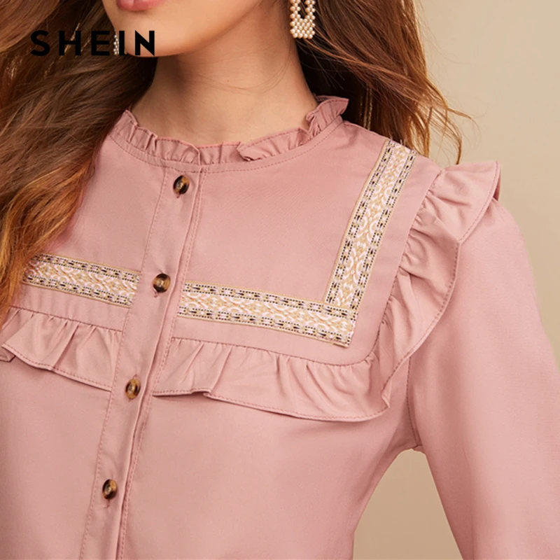 SHEIN розовая вышитая лента панель с рюшами отделка пуговица спереди милая блузка рубашка женские топы осень длинный рукав элегантные блузки