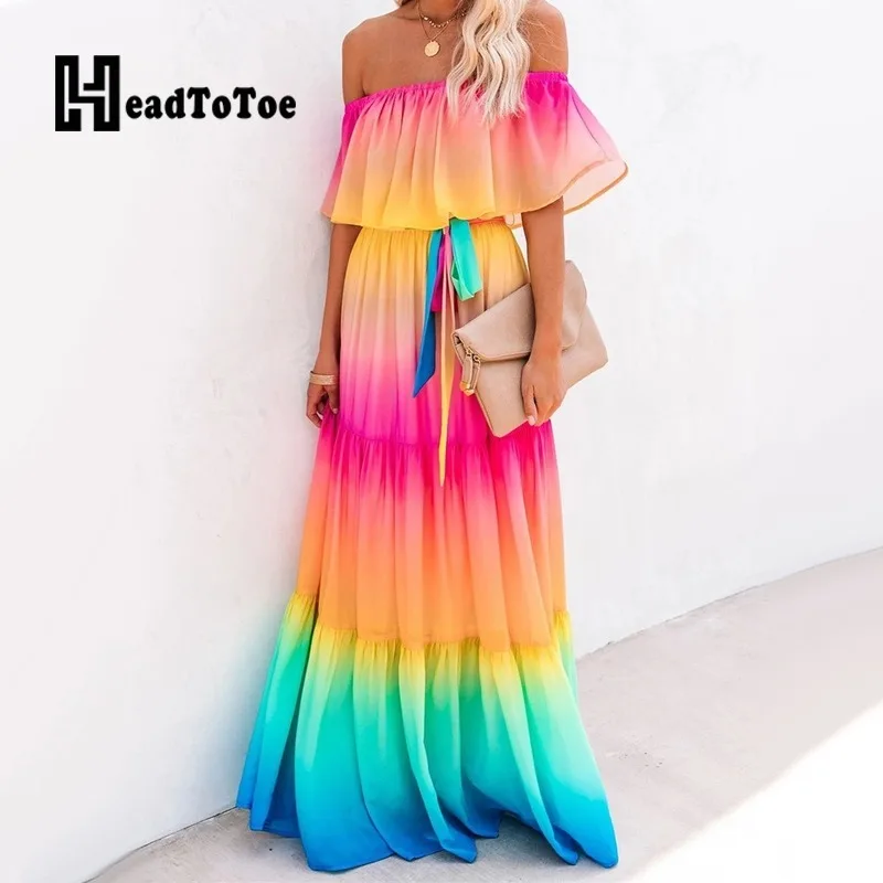 Платье макси с открытыми плечами и градиентными оборками|Женские платья| |