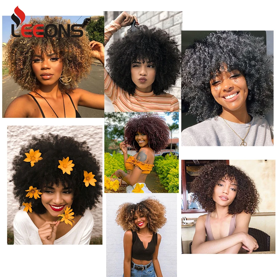 

Leeons Short Curly Wig For Black Women With Bangs Big Bouncy Fluffy Kinky Curly Wig Heat Resist Synthetic Brown Curly Afro Wig