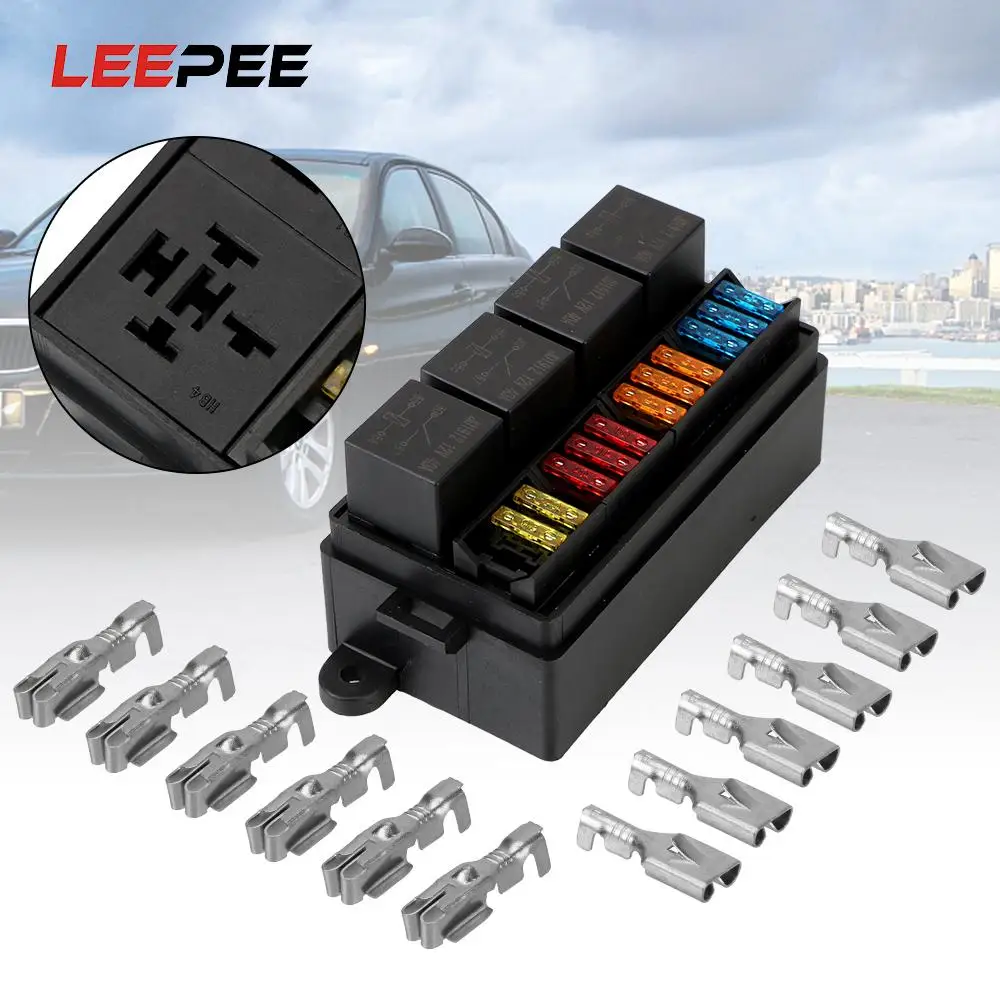 

LEEPEE 4 Pin 12V 40A Relays Plastic Cover 12 Way Blade Fuse Holder Box Fuse with Spade Terminals for Auto Car Truck Trailer