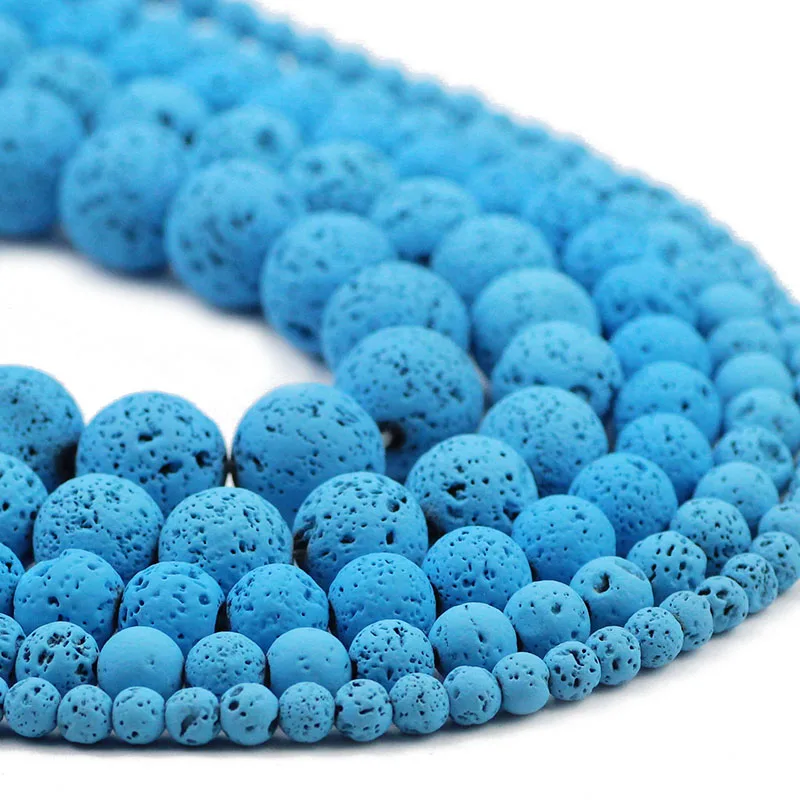 

4/6/8/10/12MM Natural Stone Lake blue Rubber Paint Lava Spacers Round Charm Loose Beads For DIY Jewelry Making Bracelet Findings