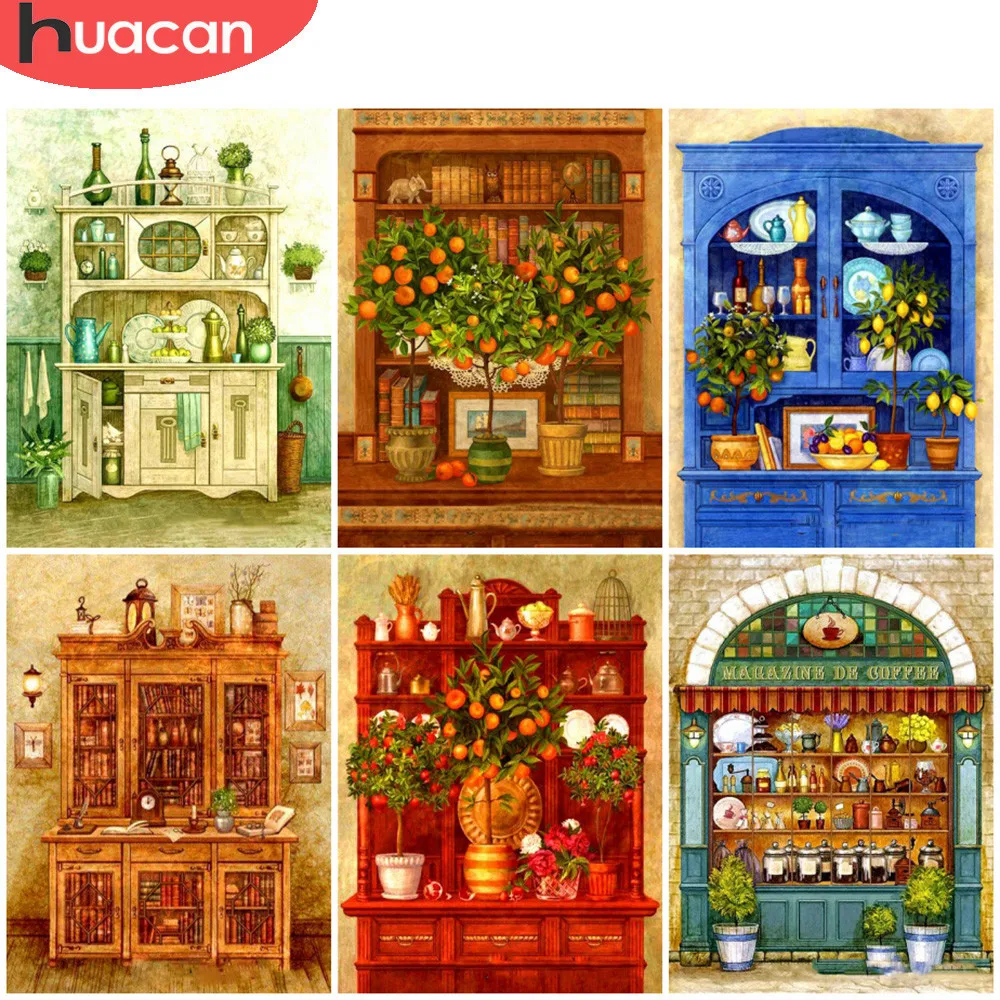 

HUACAN алмазов картина Кухня Ландшафтная мозаика с бриллиантами шкаф со стеклянными дверями, вышитая бисером Стразы изображение домашний дек...