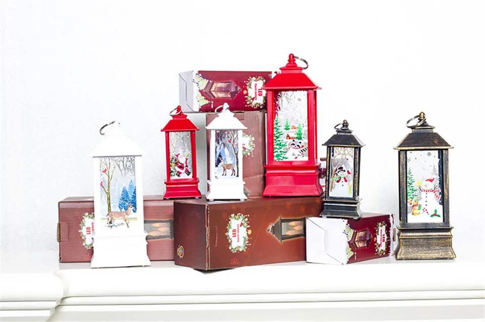 Christmas Vintage LED Lantern Santa Claus Snowman Castle Light Lamp Xmas Decoration Party Hanging Props Decor