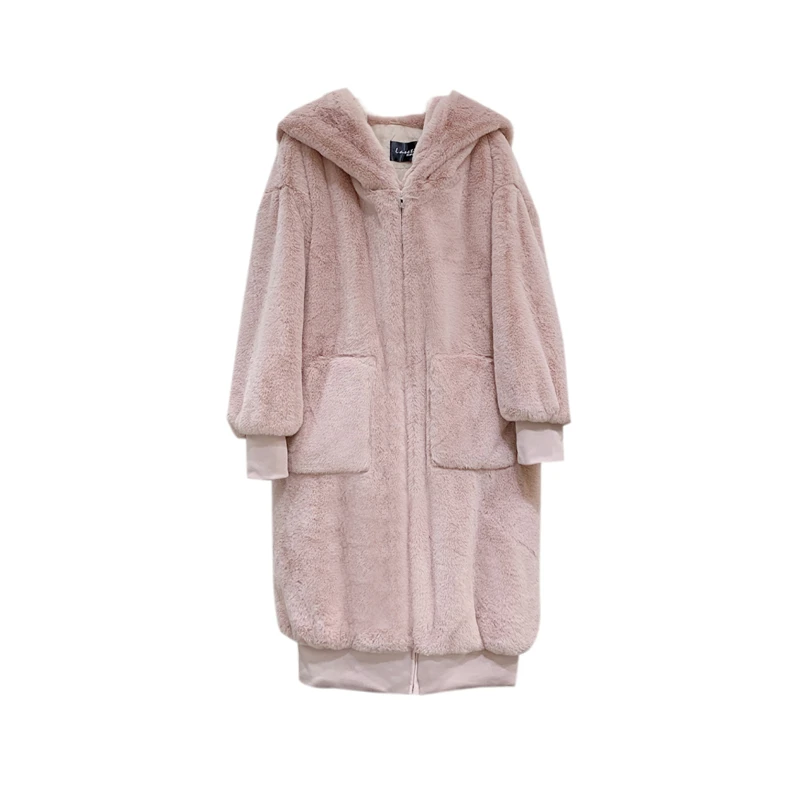 

2020 Autumn Winter New Female Jacket rex rabbit fur Thickened Long Hooded Fur Coat Fashion Loose Fur Coat Women Outerwera M333