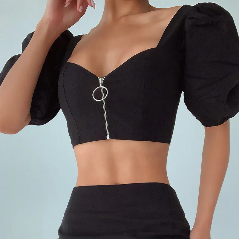 

hirigin New Sexy Solid Two Pieces Set for Women Summer Streetwear Female Puff Sleeve V-Neck Crop Tops+Mini Skirts Clubwear Set
