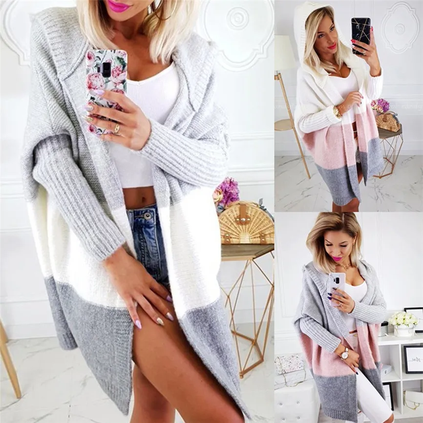 Вязаный кардиган свитер для женщин Повседневный в полоску с капюшоном длинным