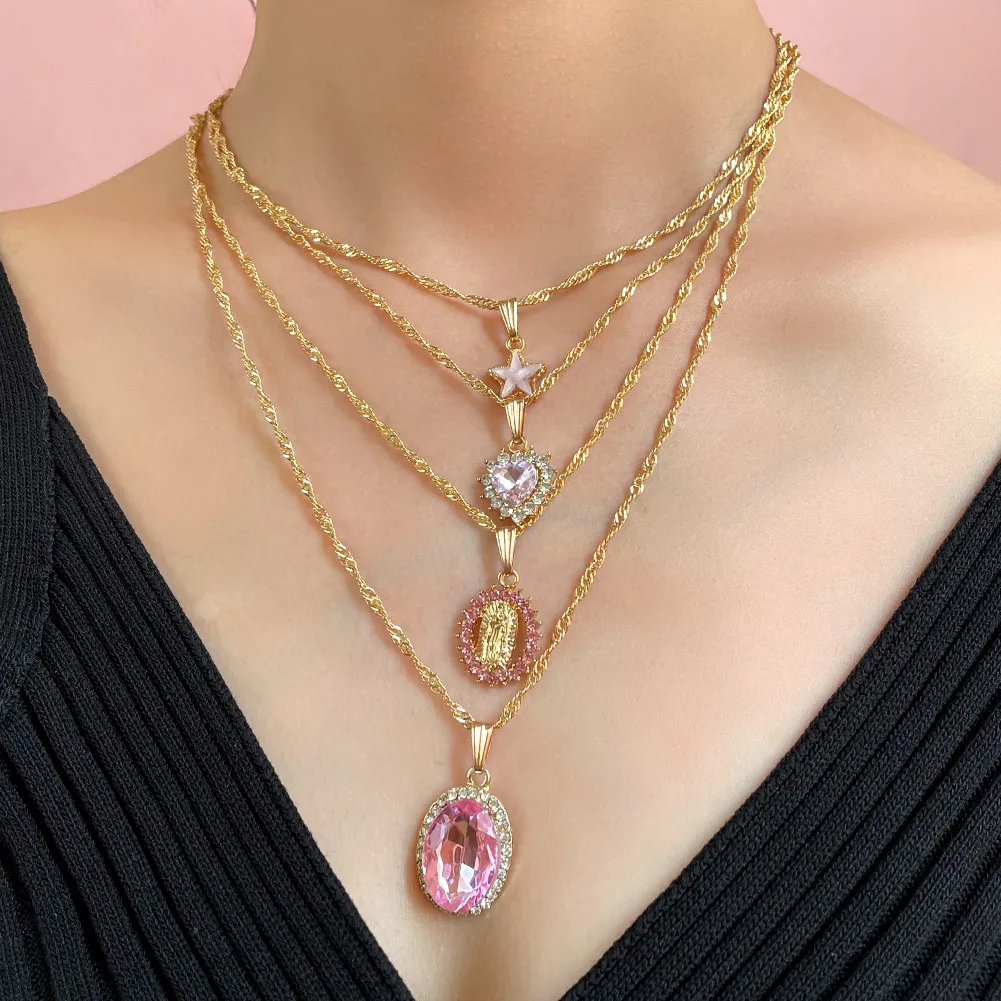 

Boho Multi-layer Pink Rhinestone Heart Chain Necklaces For Women Crystal Virgin Mary Portrait Star Necklace Collar Jewelry Gift