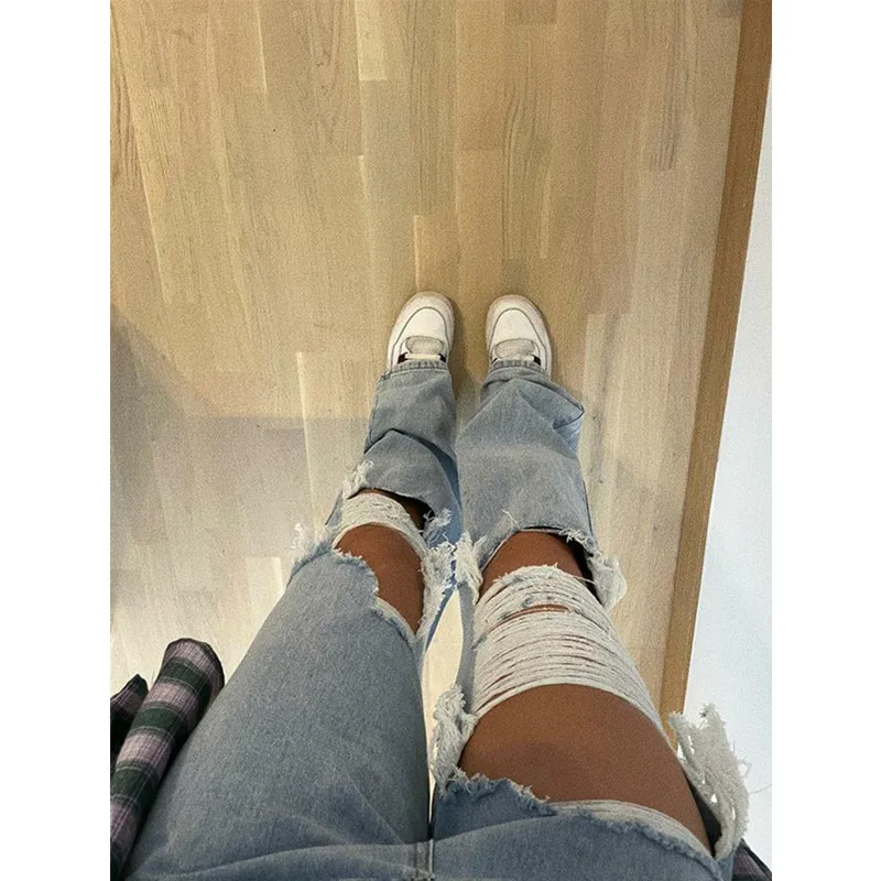 

Women Ripped Jeans High Waist Hollow Out Trousers Straight-Leg Pants Large Size Boyfriend Jean High Waist y2k Pants Streetwear