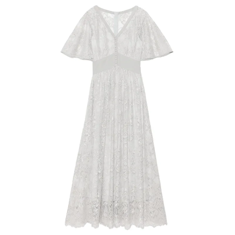 

2021 Summer New Sweet Lace Bow Tie Waist Long Dress Office Lady A-LINE Mid-Calf V-Neck Summer Women Vestidos