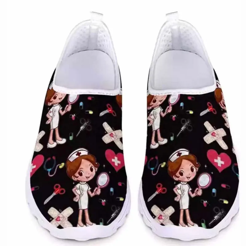 

2021 New Cartoon Nurse Doctor Print Women Sneakers Slip on Light Mesh Shoes Summer Breathable Flats Shoes Zapatos Planos