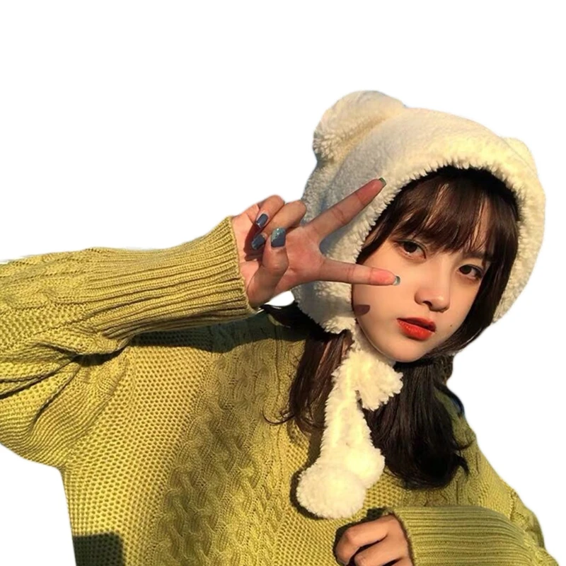 

Women Winter Thicken Plush Warm Earflap Hat Cute Bear Ears Windproof Beanie Cap with Pompom Chin Strap Ear Warmer