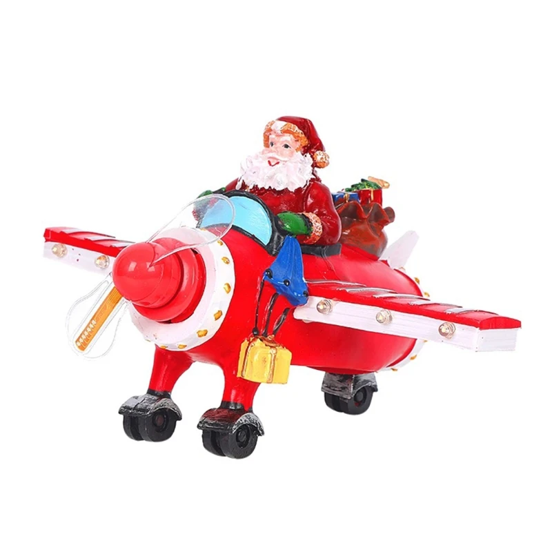 

Christmas Collectible Figurine Santa Claus Driving Propeller Statues with LED Light Village Glowing Ornament