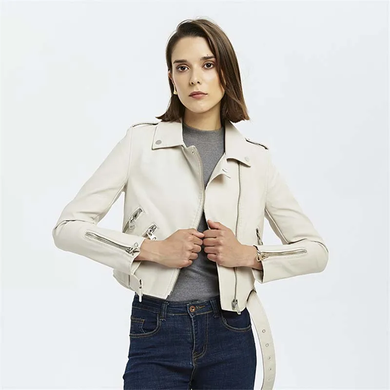 Cute Cropped Slant Zipper Belted Black Faux Leather Biker Jacket for Women Punk Rock Girls White PU Leather Jacket Short Coat