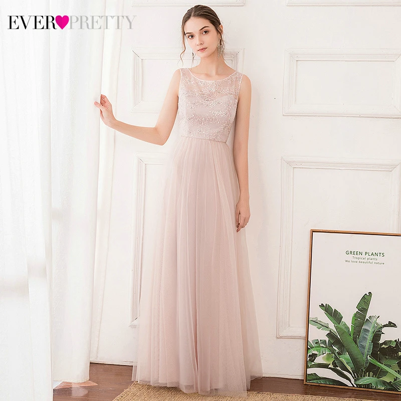 

Pink Bridesmaid Dresses Ever Pretty EP00740PK Sequined A-Line O-Neck Sleeveless Beaded Illusion Wedding Guest Gowns Vestidos