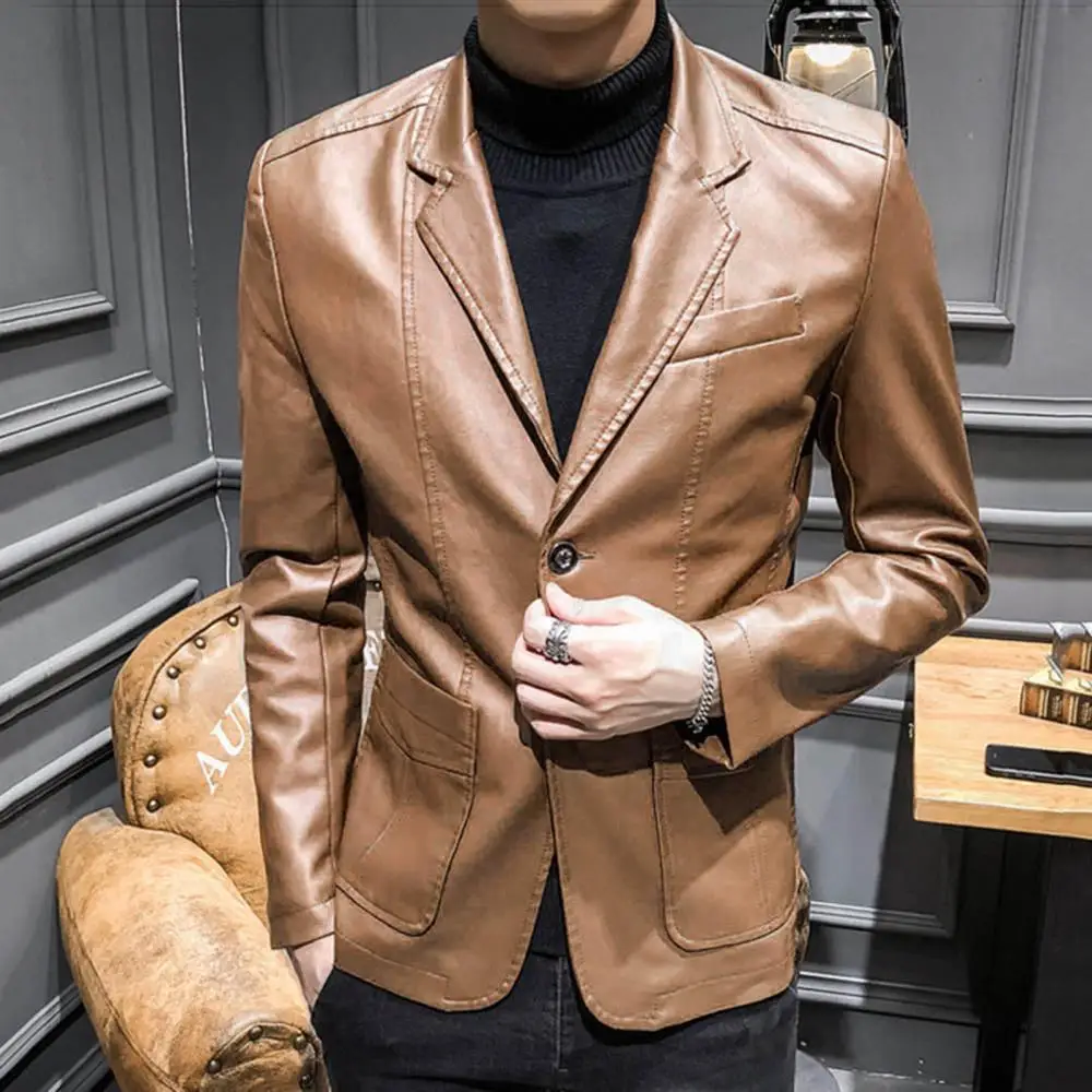 Мужской однотонный блейзер из искусственной кожи облегающая куртка с длинным
